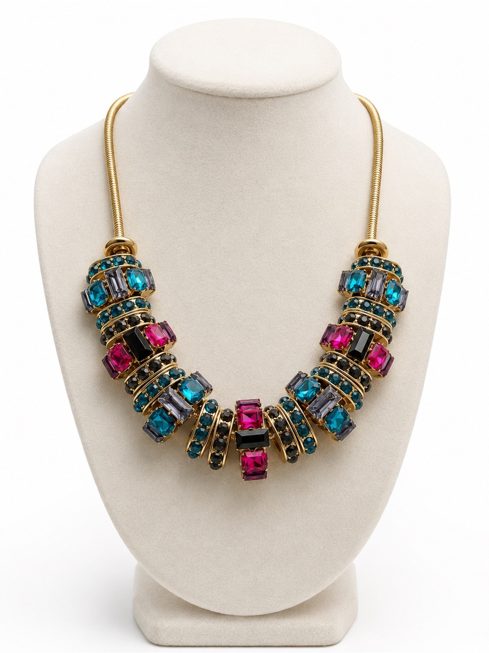 Gold-Tone Statement Necklace with Blue and Pink Gemstones
